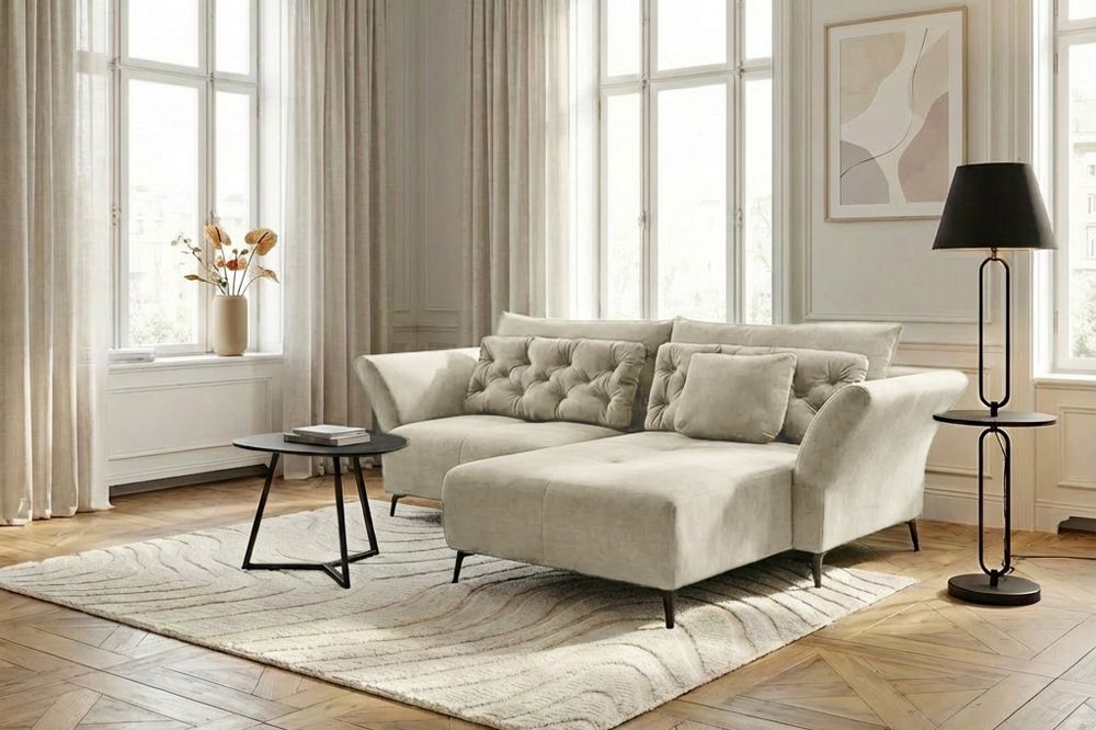 Modernes Ecksofa MARRAKESCH 265cm beige Samt 3-Sitzer inkl. Kissen Ottomane rechts