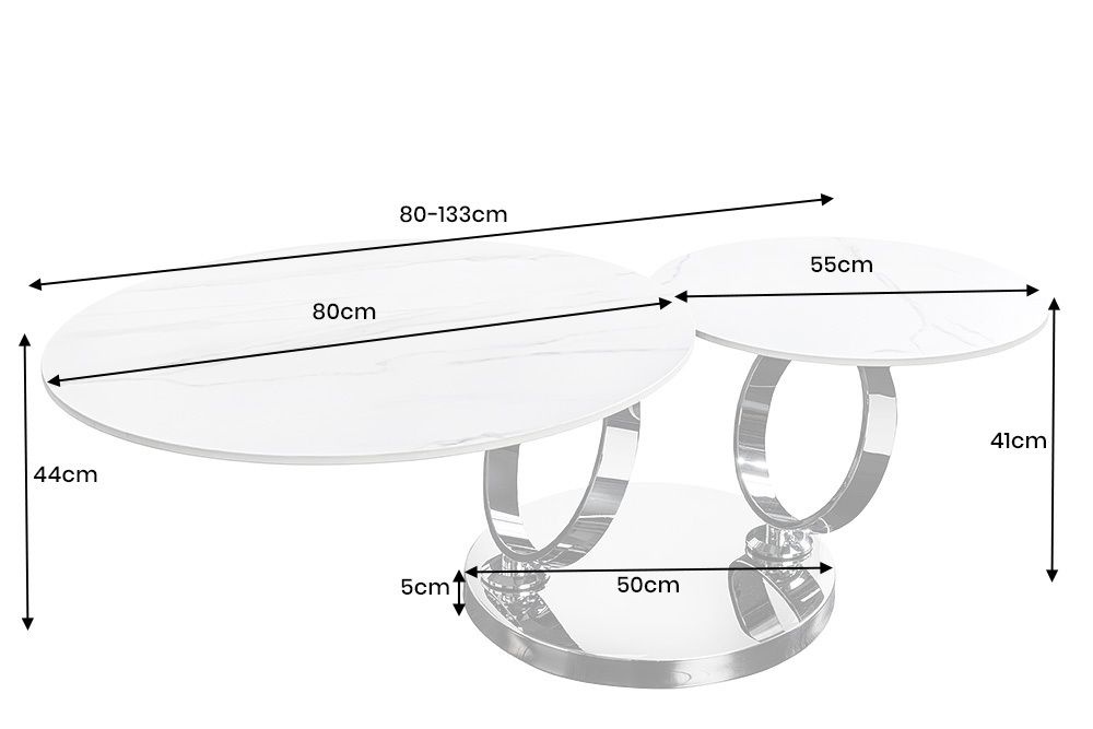 Design Couchtisch DANCING RINGS rost rund drehbar Travertin Keramik schwarz Gestell