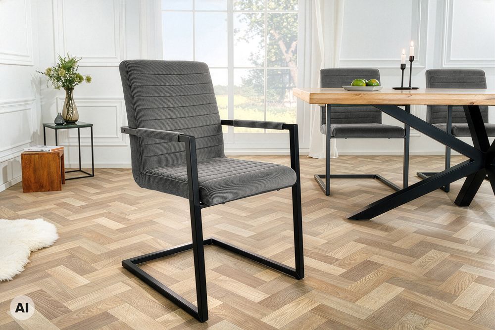 Industrial Freischwinger LOFT grau Cord schwarz Eisen mit Armlehne