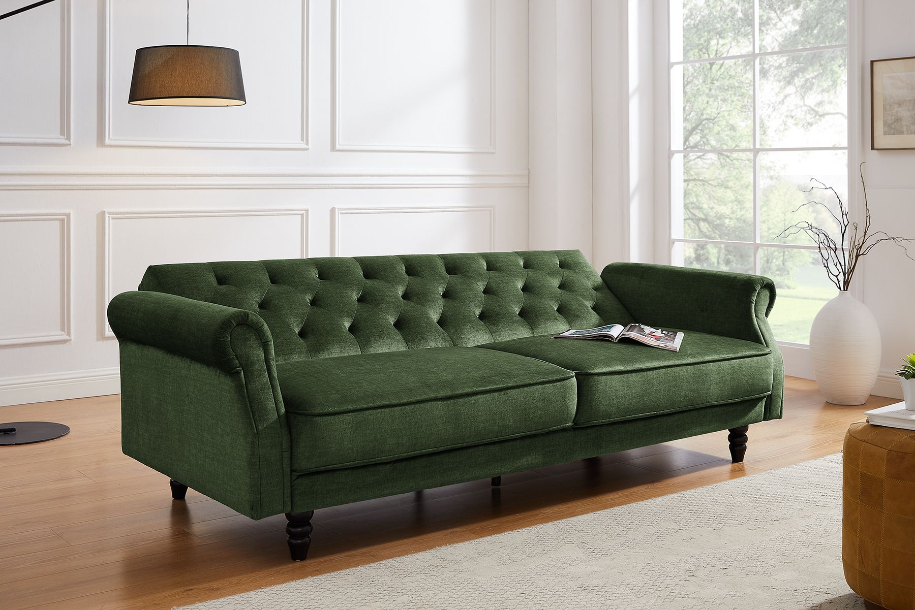 Schlafsofa MAISON BELLE AFFAIRE 220cm moosgrün Vogue Seiden Samtstoff 3-Sitzer