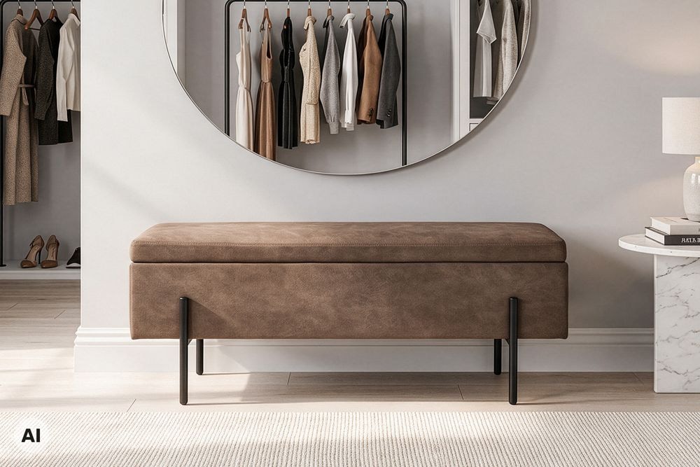 Truhenbank LOFT 100cm antik taupe Microfaser Sitzbank mit Stauraum Metall schwarz
