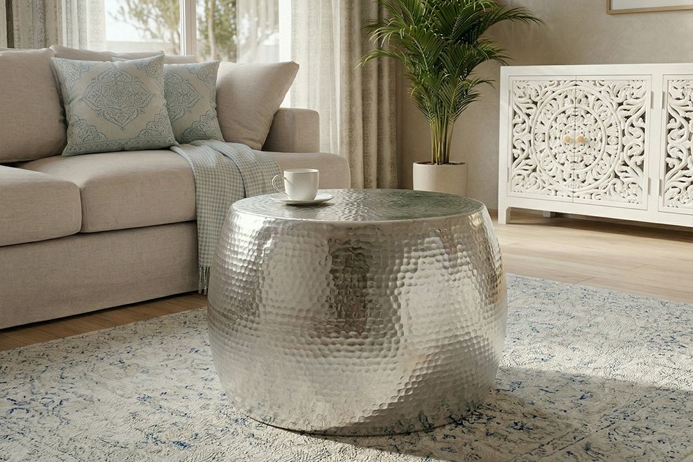 Runder Couchtisch ORIENT 60cm silber Metall Aluminium Hammerschlag Design handmade