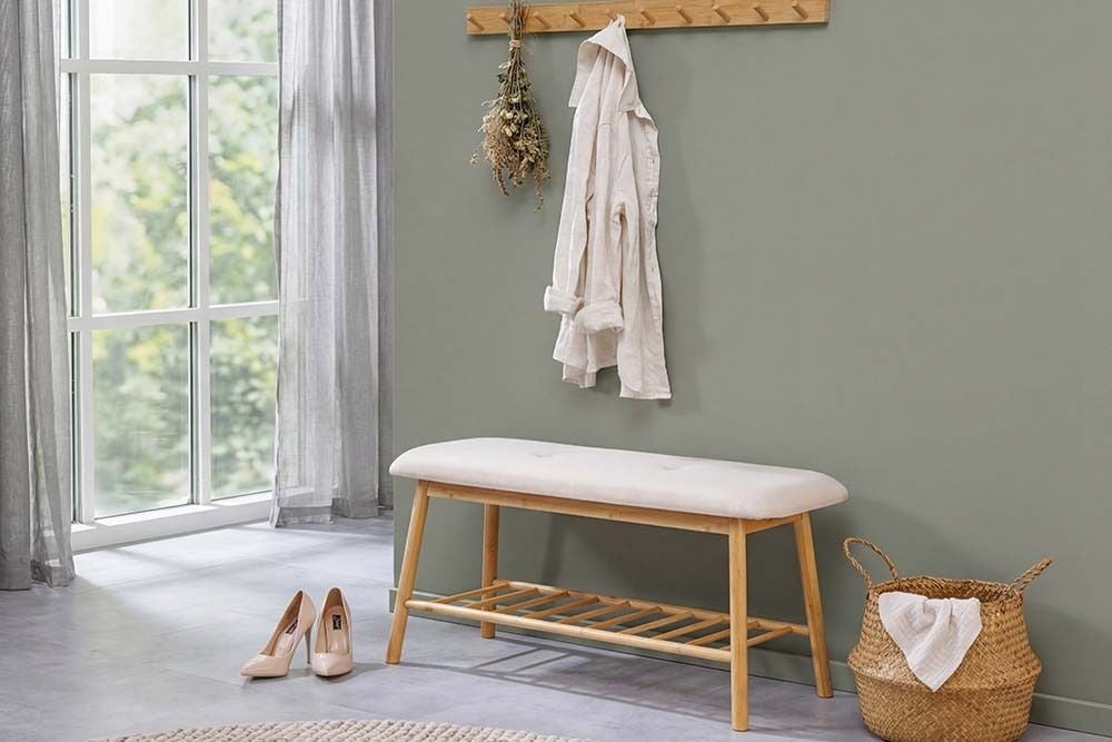Stilvolle Schuhbank ZEN-BO 90cm natur beige Bambus Regal Sitzbank mit Stauraum
