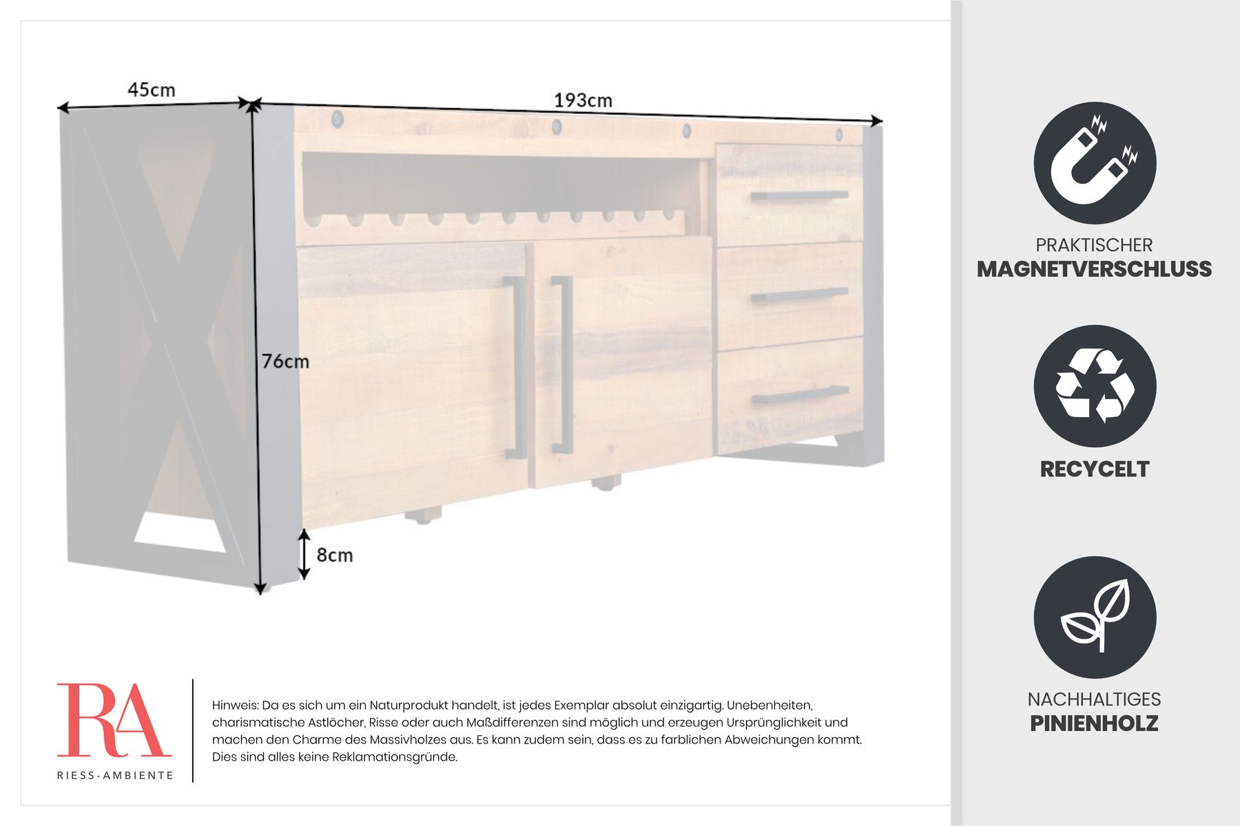 Massivholz Sideboard THOR 195cm braun Pinie mit Schubladen Weinregal Industrial Design