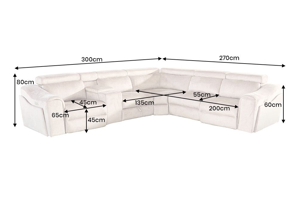 Multifunktionales Ecksofa PRIME 300cm beige Vogue Seiden Samtstoff Relaxfunktion
