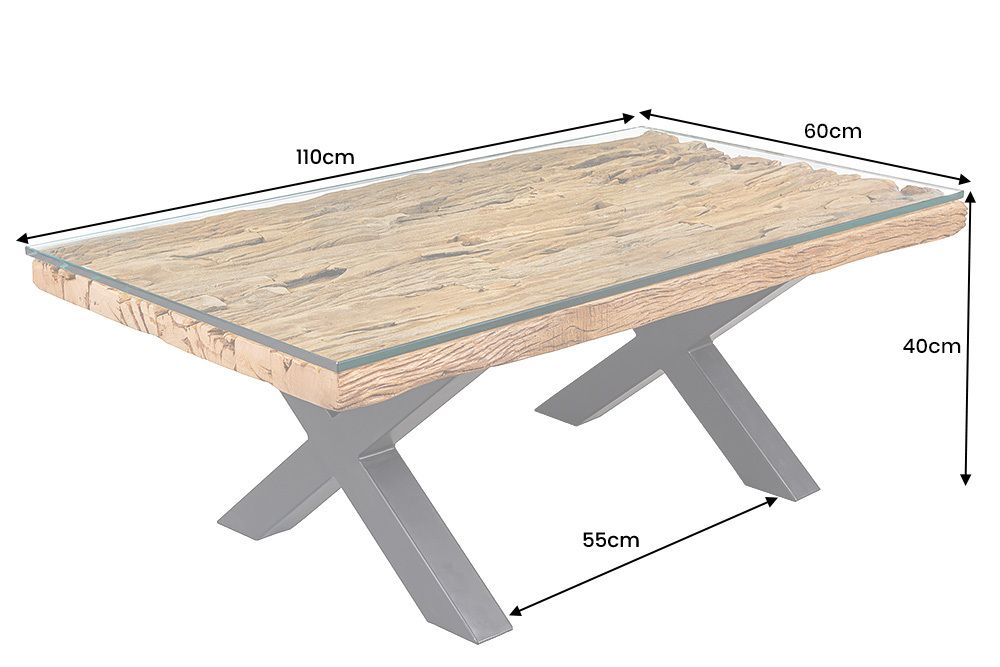 Massiver Couchtisch BARRACUDA 110cm antik natur Teakholz X-Gestell Glasplatte