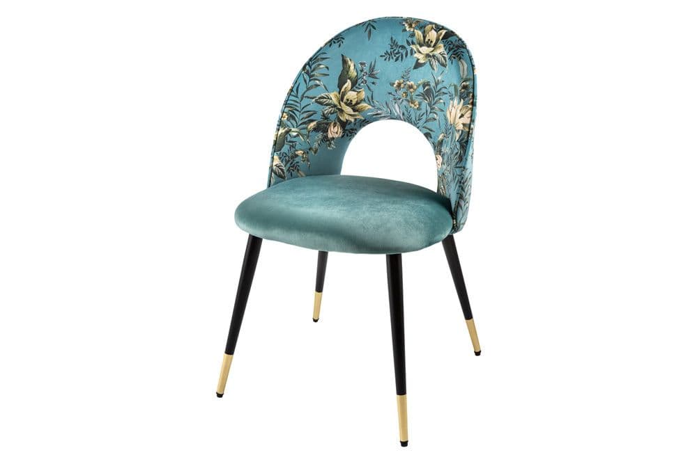 Design Stuhl PRÊT-À-PORTER türkis Samt florales Muster und goldene Fußkappen
