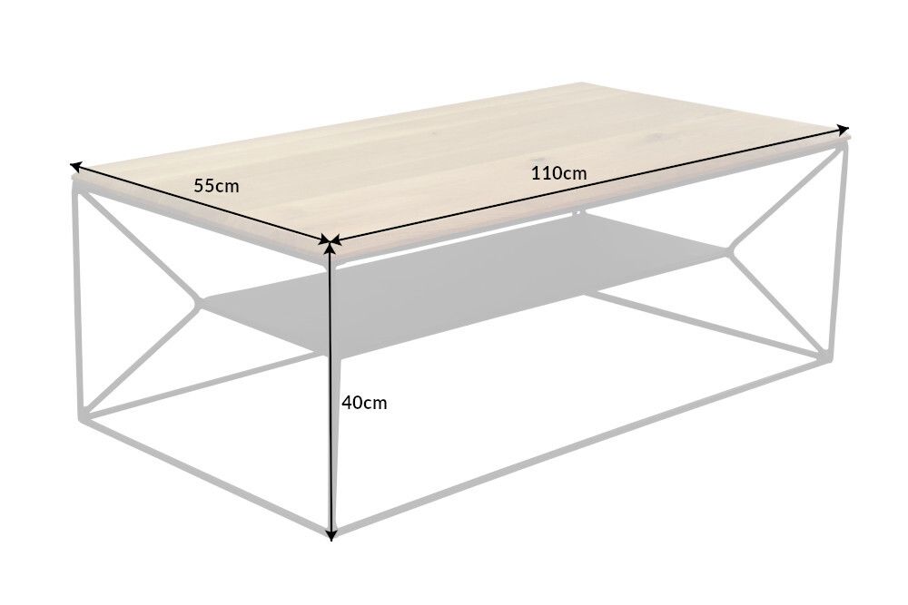 Massivholz Couchtisch ARCHITECTURE 110cm Eiche geölt schwarzes Metallgestell mit Ablage