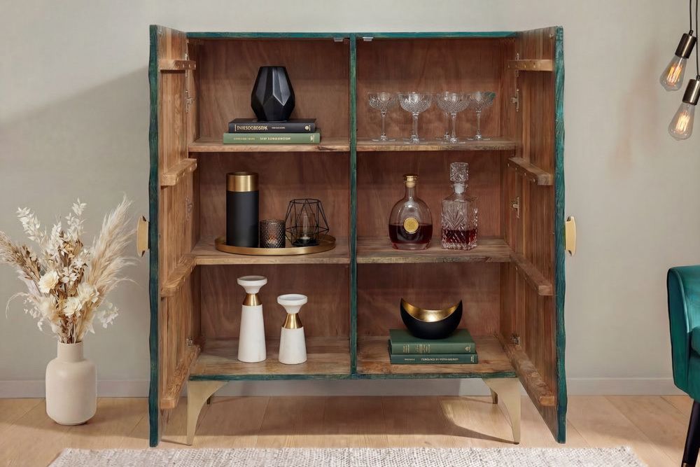 Massives Highboard GOLDEN SUNSET 120cm türkis gold Mangoholz mit 3D Schnitzereien