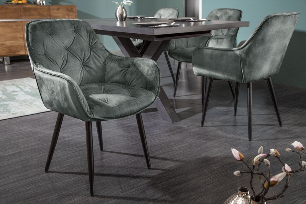 Design Stuhl MILANO grün Samt mit Armlehne Ziersteppung gepolstert schwarze Metallbeine