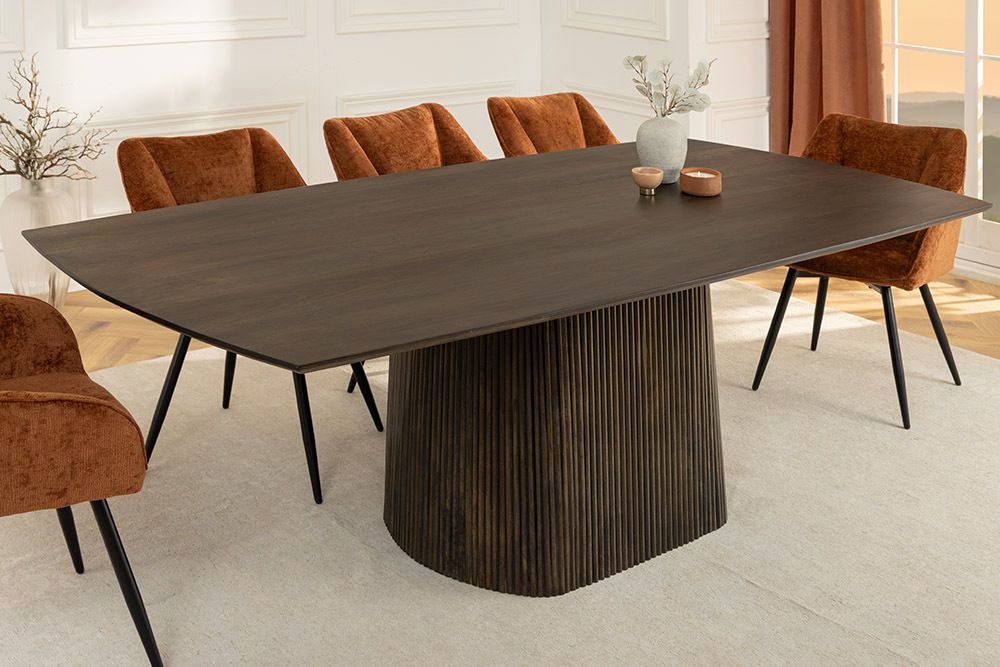 Design Esstisch GRAND 200cm dunkelbraun Mangoholz Bootsform mit Sockel