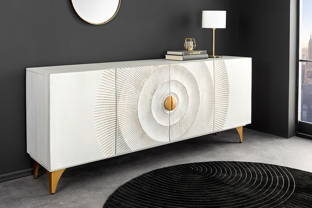 Handgearbeitetes Sideboard GOLDEN SUNSET 180cm weiß gold Mangoholz Metallbeine