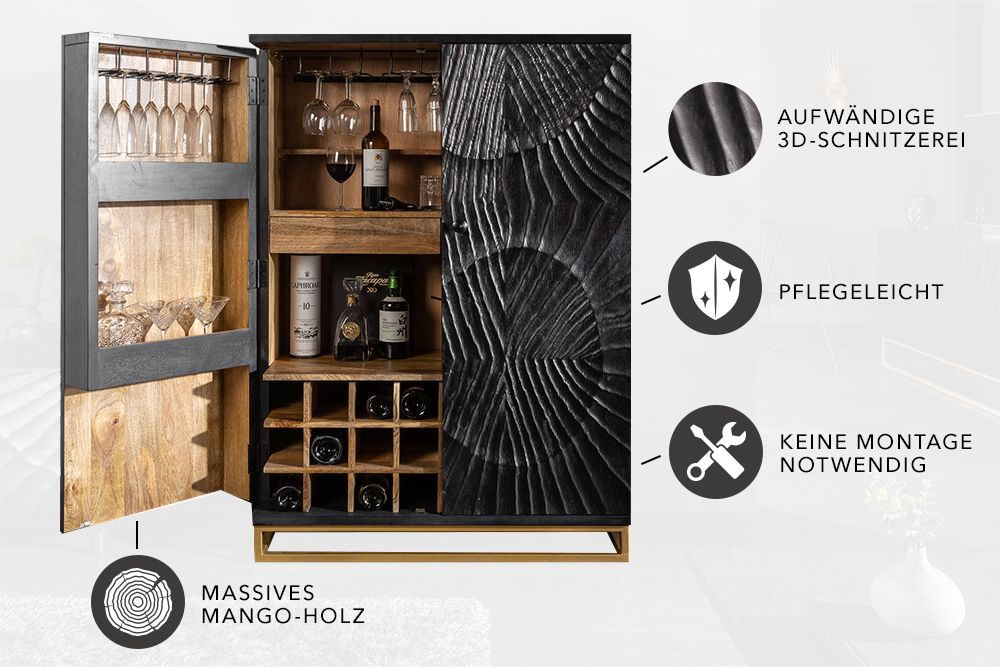 Massiver Barschrank SCORPION 141cm schwarz Mangoholz mit 3D Schnitzereien