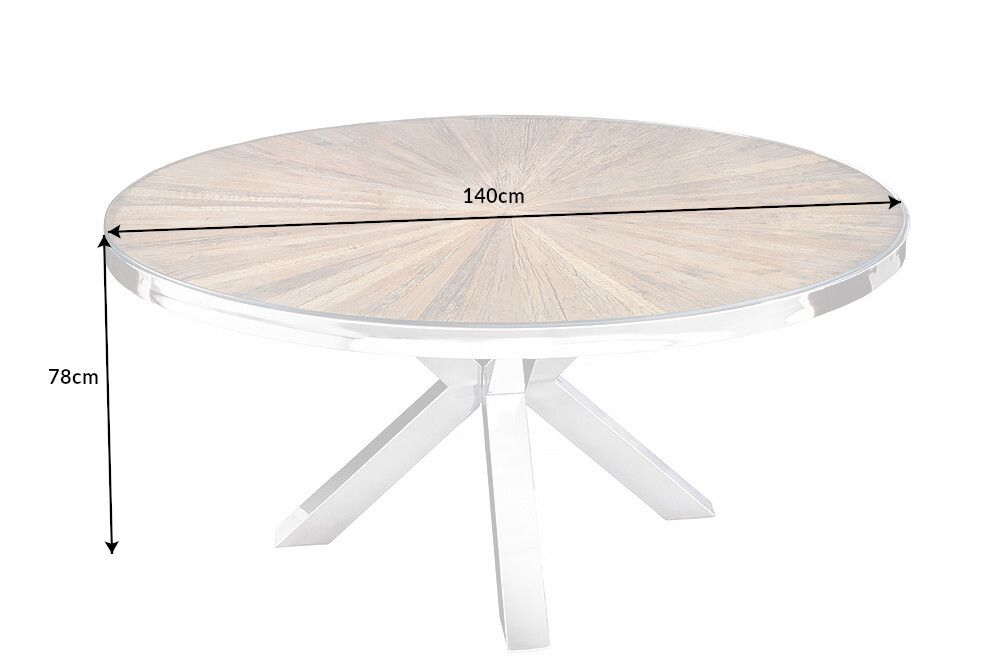 Runder Esstisch BARRACUDA 140cm braun Teak Massivholz Glas silber Edelstahl verchromt
