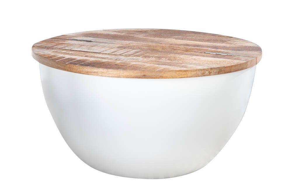 Runder Couchtisch INDUSTRIAL STORAGE 60cm weiß natur Mangoholz mit Stauraum handmade
