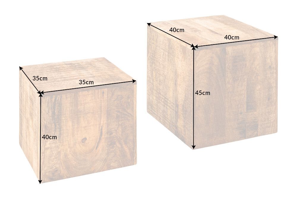Massives 2er Set Beistelltisch CURACAO 45cm natur Mangoholz Würfel handmade Couchtisch