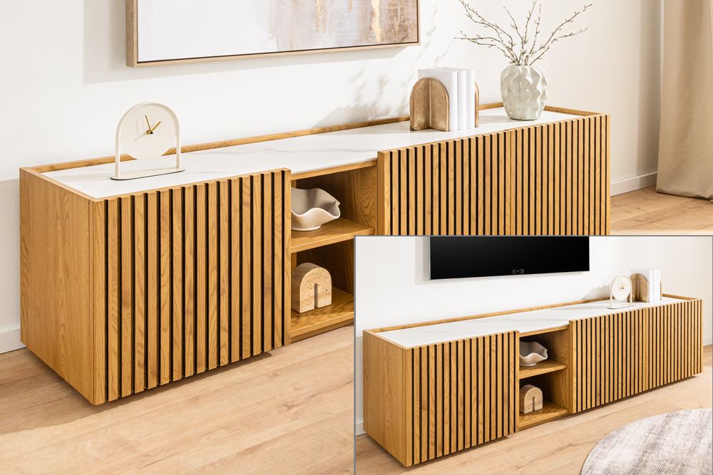 Design Lowboard VICENZA 180cm weiß Keramik natur Eiche Lamellenfront