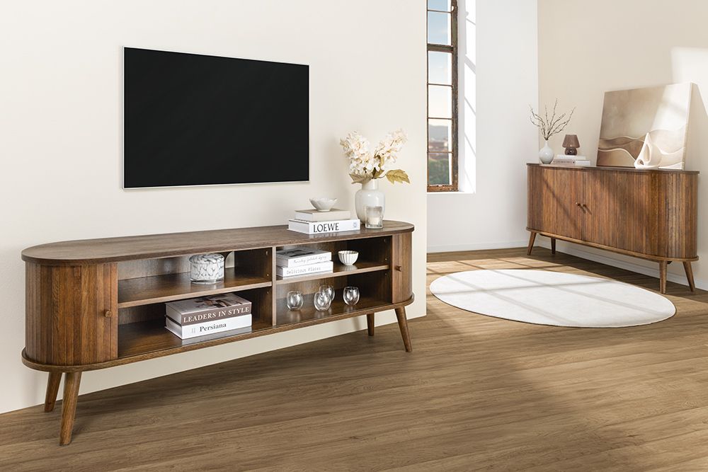 Retro TV-Board VALHALLA WOOD 160cm smoked Eichenholz Schiebetüren Lowboard
