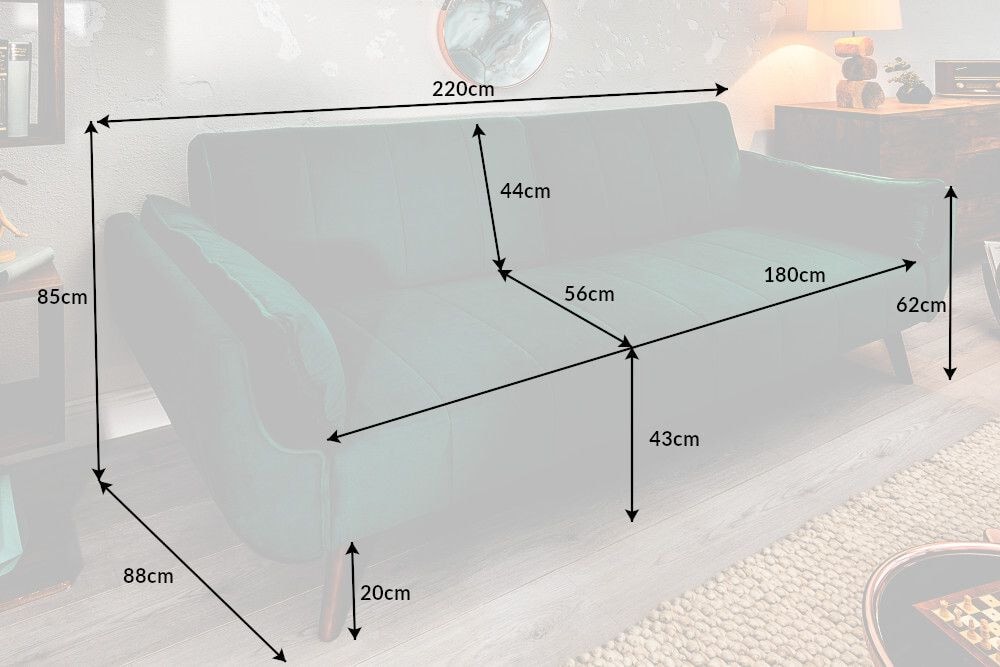 Retro Schlafsofa DIVANI 220cm smaragdgrün Samt 3-Sitzer mit Bettfunktion