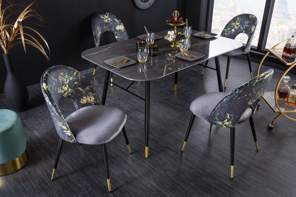Design Stuhl PRÊT-À-PORTER grau Samt florales Muster und goldene Fußkappen