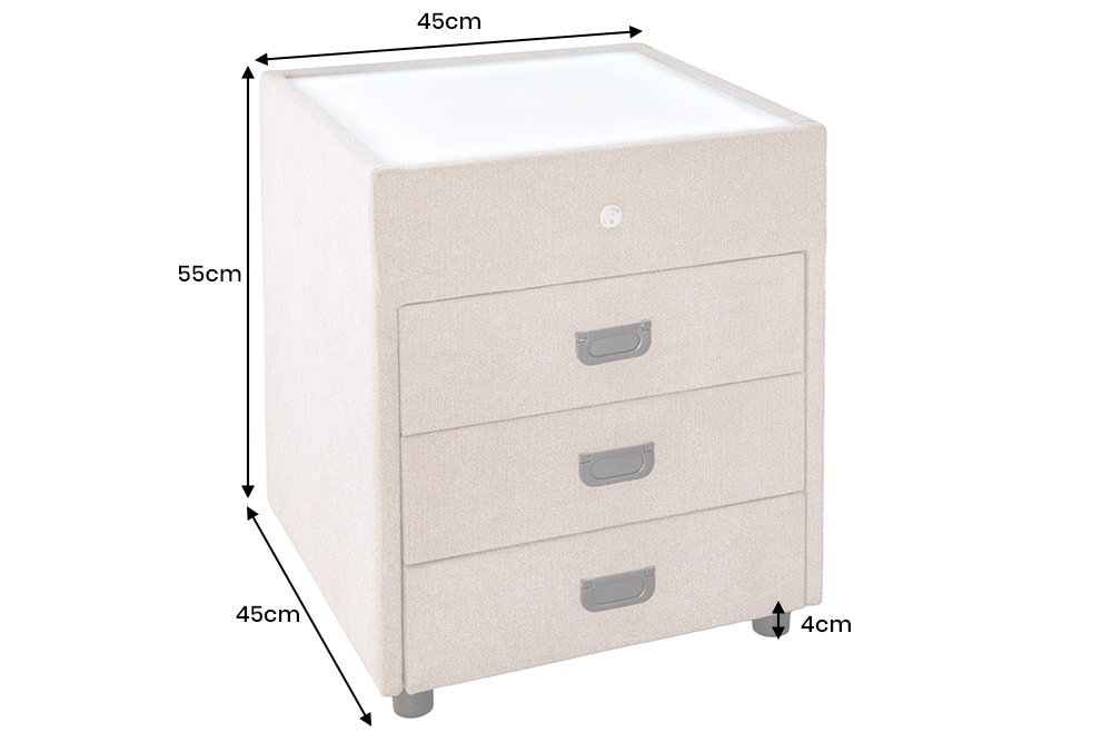 Quadratischer Nachttisch TOULOUSE 55cm beige Samt inkl. Beleuchtung und Schubladen