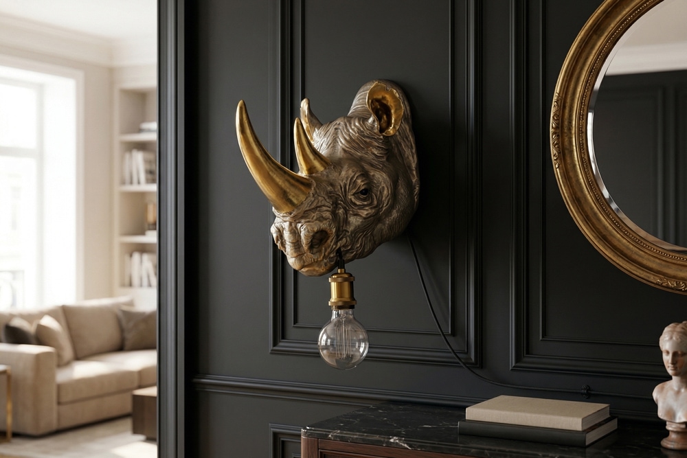 Moderne Wandlampe RHINO 40cm gold Nashorn-Skulptur handmade