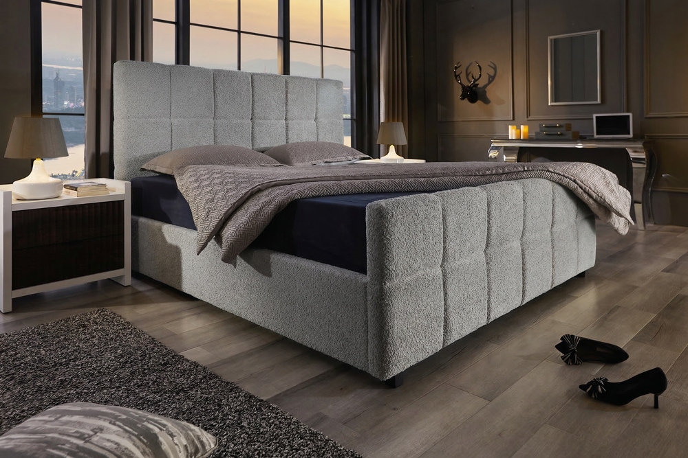 Modernes Boxbett PRESTIGE 180x200cm grau Bouclé mit Stauraum und Lattenrost