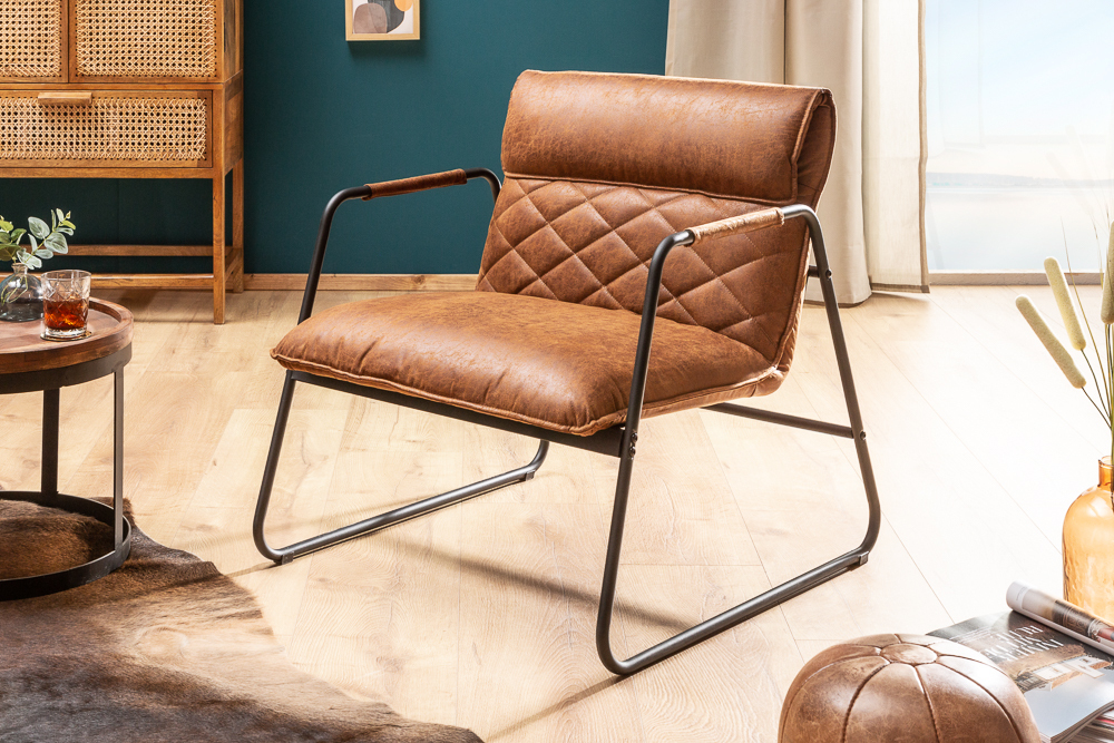 Retro Lounge Sessel MUSTANG LOUNGER antik hellbraun mit Ziersteppung