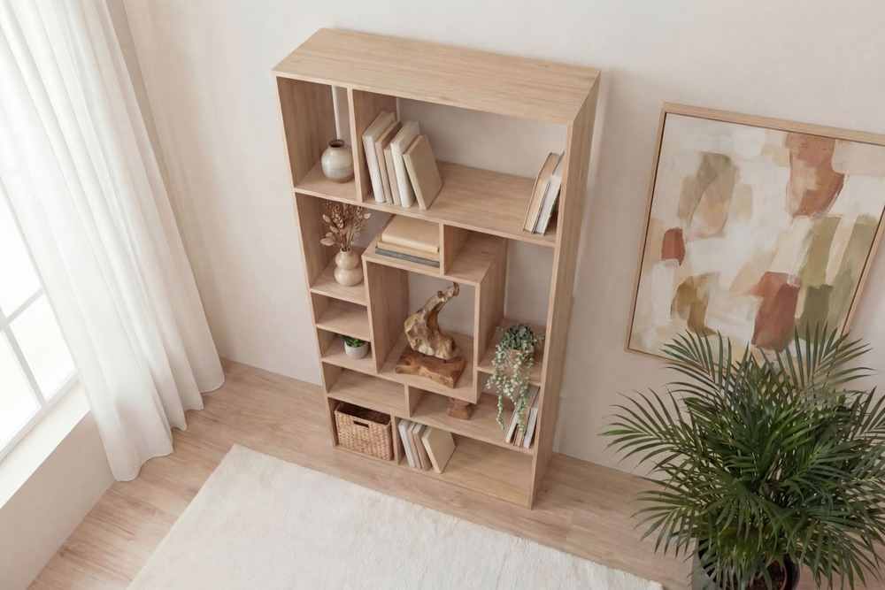 Massives Bücherregal CUBUS 180cm natur Mangoholz cream finish elf Fächer