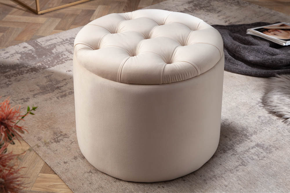 Eleganter Hocker MODERN BAROCK 50cm champagner beige Samt Aufbewahrungkorb