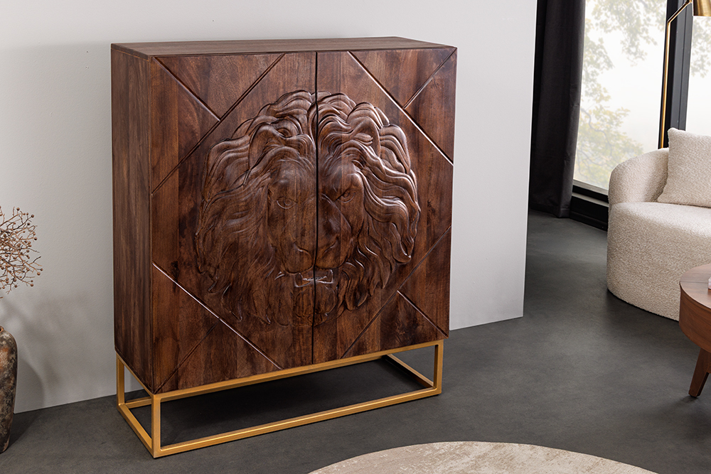 Massives Highboard LION 120cm braun Mangoholz gold Metall 3D Schnitzereien Kunstwerk