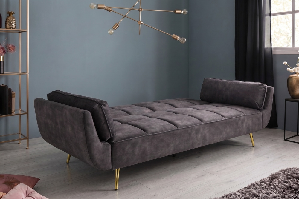 Retro Schlafsofa BOUTIQUE 215cm dunkelgrau Samt 3-Sitzer mit goldenen Füßen