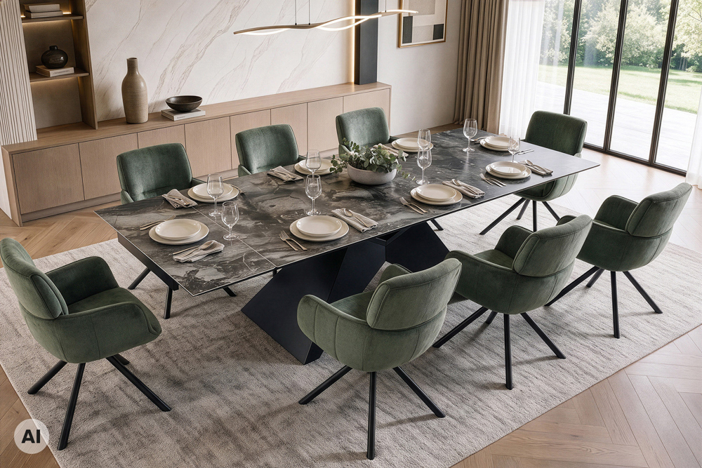 Design Esstisch DIAMOND 180-260cm taupe Keramik Metallgestell schwarz