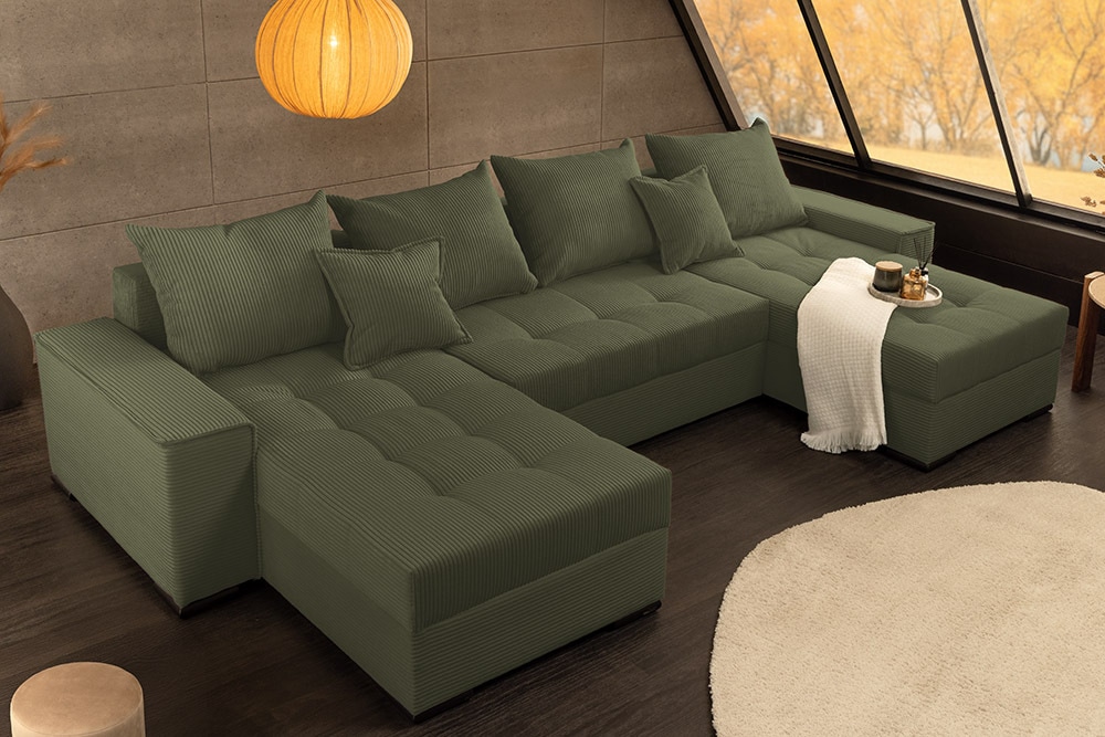 XXL Wohnlandschaft LODGE 315cm grĂŒn Cord Sofa mit Schlaffunktion und Stauraum » Jetzt kaufen