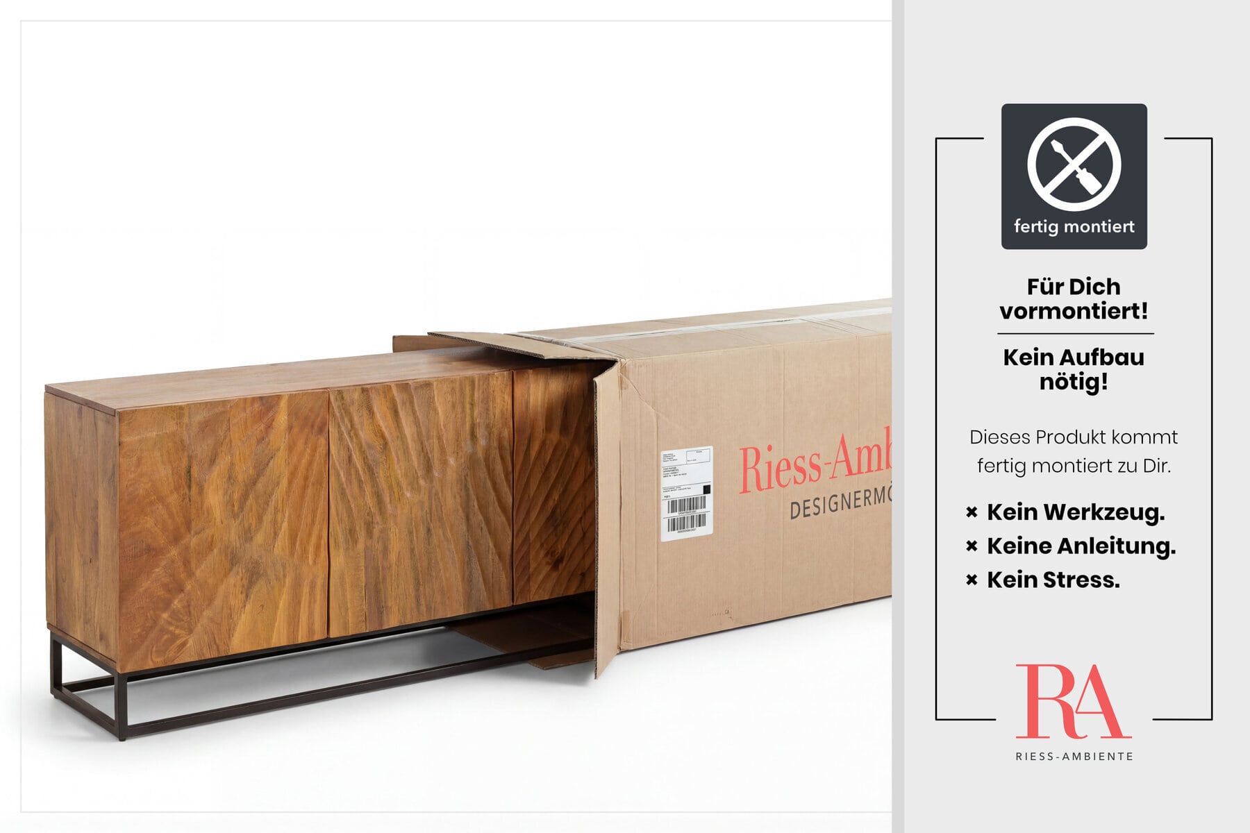 Massives Sideboard SCORPION 140cm braun Mangoholz aufwendige 3D Schnitzereien