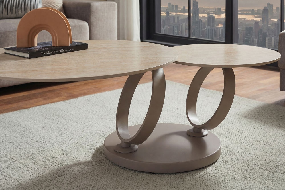 Design Couchtisch DANCING RINGS natur rund drehbar Travertin Keramik champagner greige