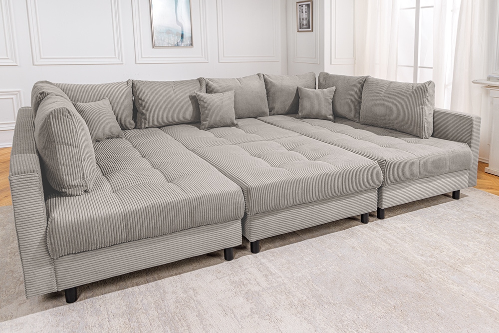 Moderne XXL Wohnlandschaft KENT 305cm greige Cord Bigsofa inkl. Hocker Federkern