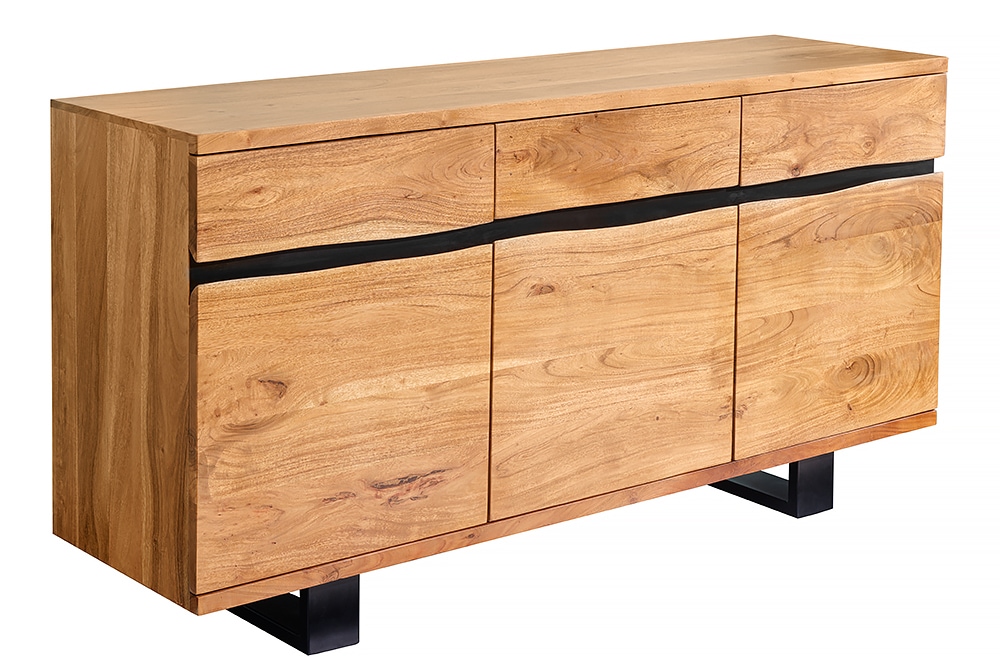 Massivholz Sideboard MAMMUT 160cm Akazie honey finish Metall Baumkante mit Schubladen