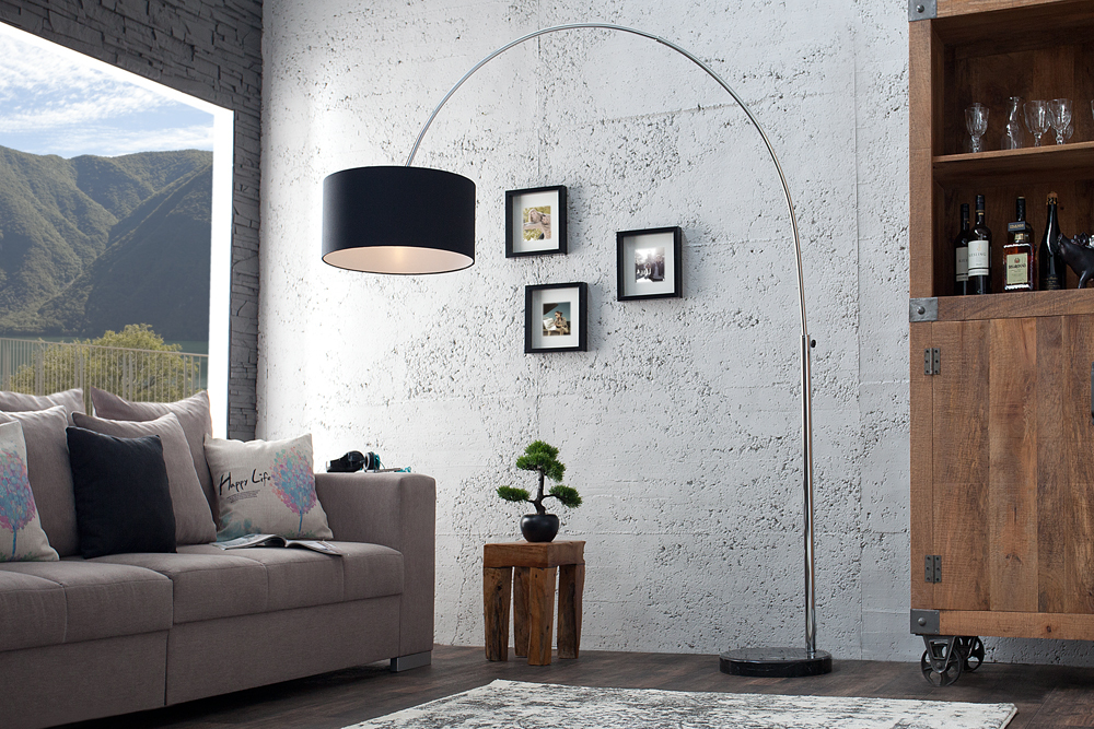 Ausziehbare Bogenlampe LOUNGE DEAL 170-200cm schwarz Leinenschirm Stehlampe