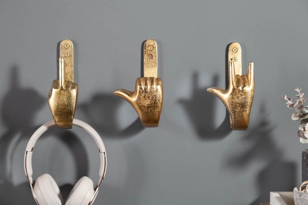 Extravagante Kleiderhaken FINGERS gold Metall-Aluminium 3er Set Wandgarderobe