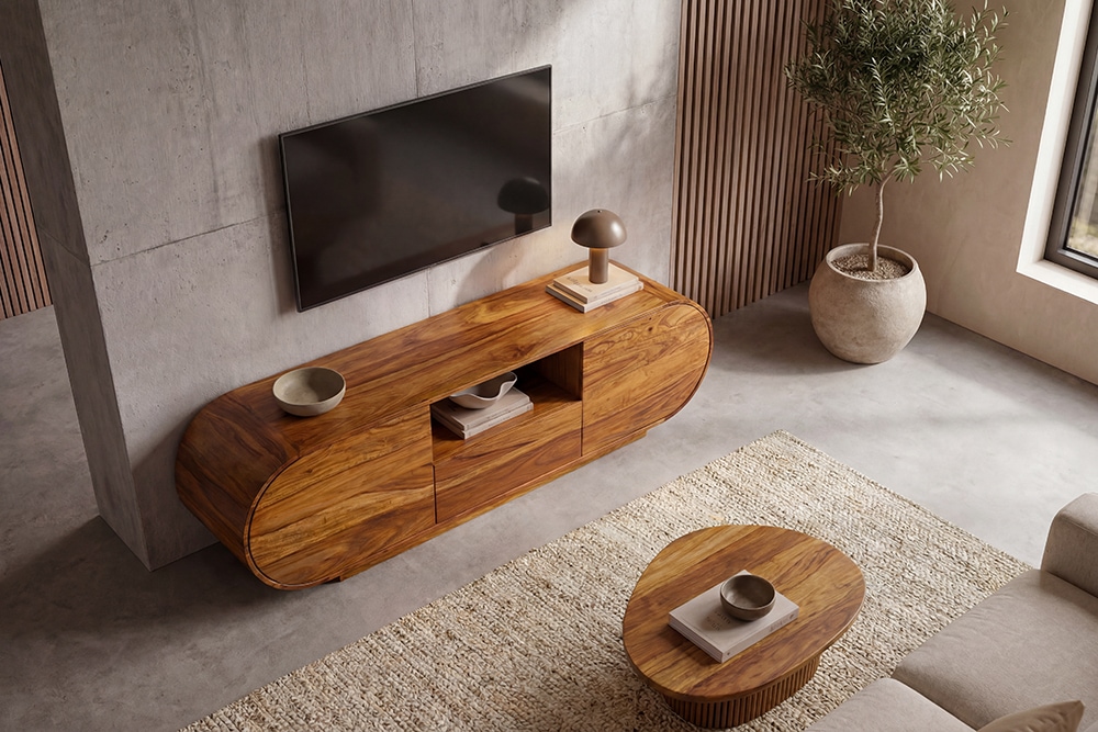 Massives TV-Board ORGANIKO 160cm braun Sheeshamholz stone finish ovales Lowboard