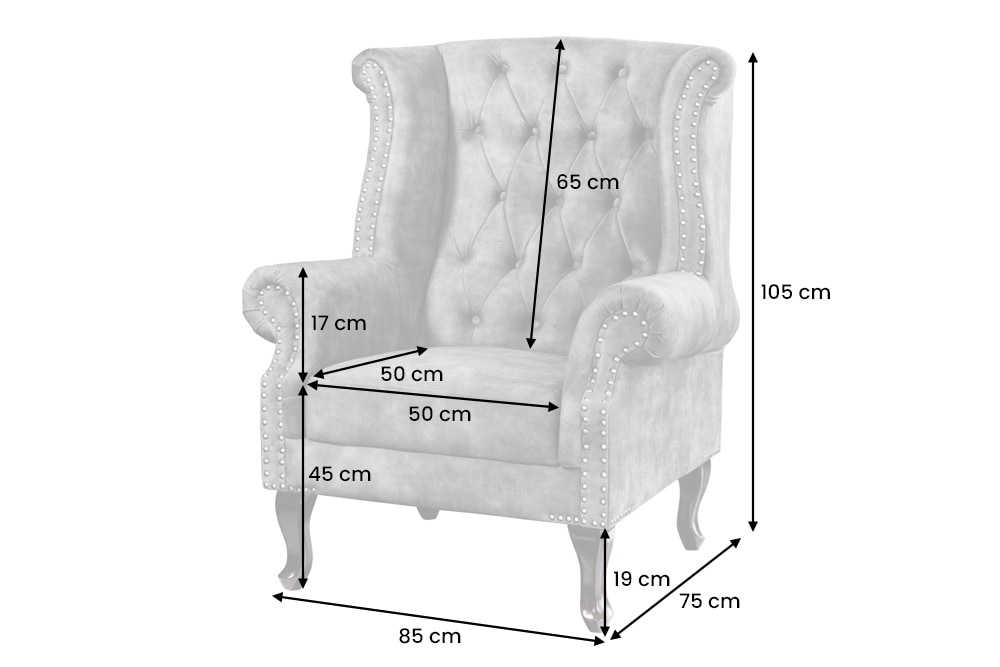 Design Ohrensessel CHESTERFIELD 105cm grau Samt silber Nieten