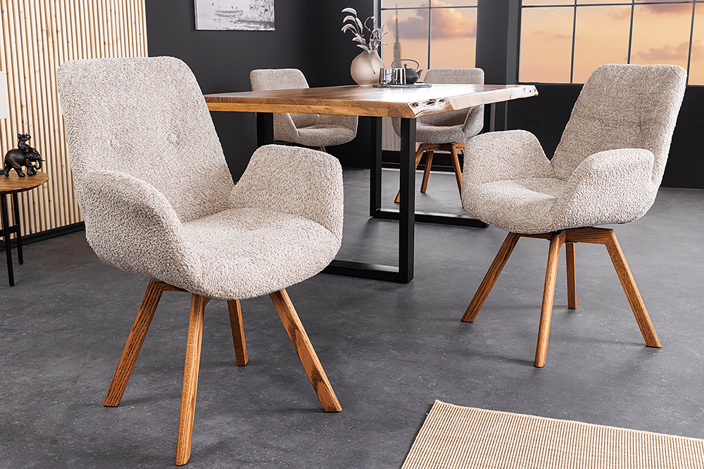Drehbarer Design Stuhl BALTIC beige Bouclé natur Eiche Massivholz-Beine mit Armlehne