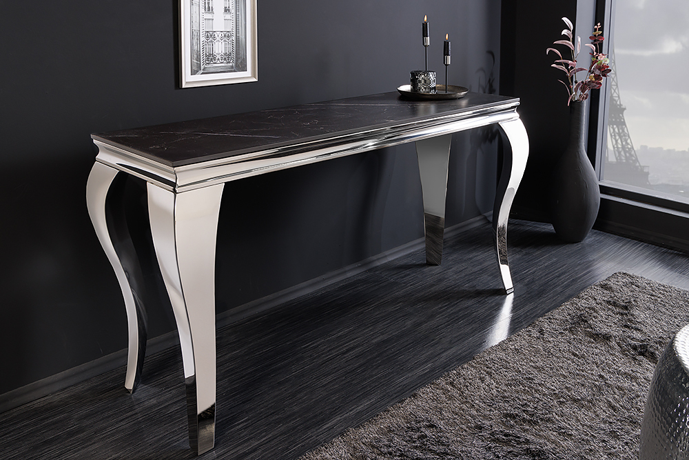 Design Konsolentisch MODERN BAROCK 140cm schwarz anthrazit chrom Keramik Marmor