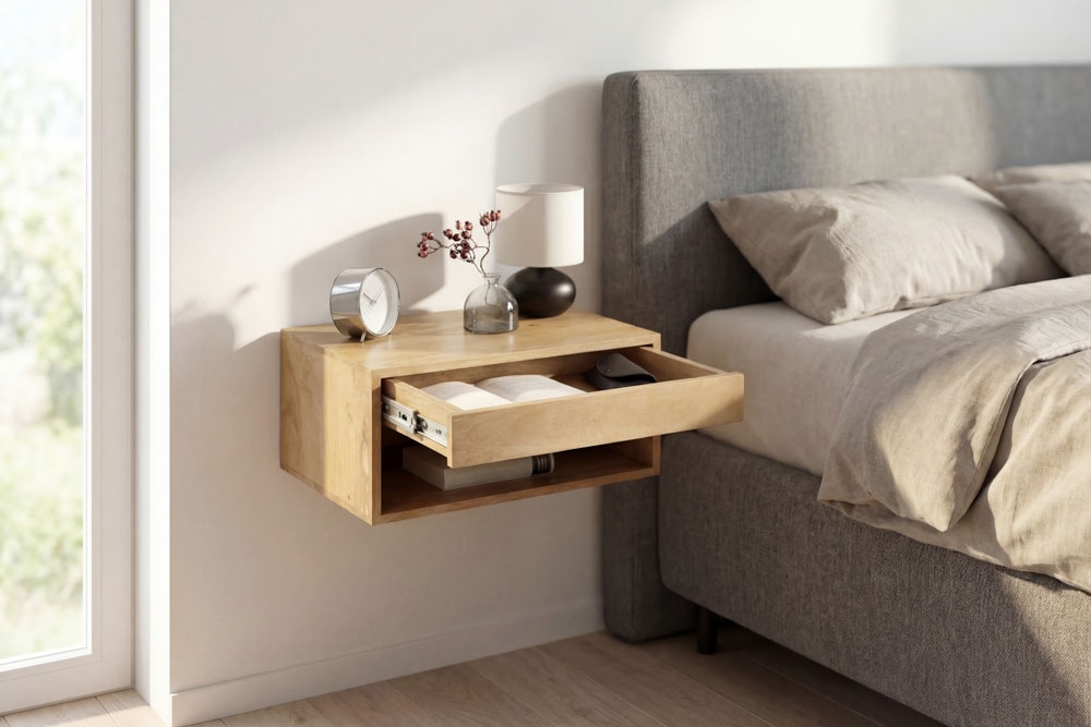 Hängender Nachttisch PURE 50cm natur Mangoholz cream finish Wandregal Schublade