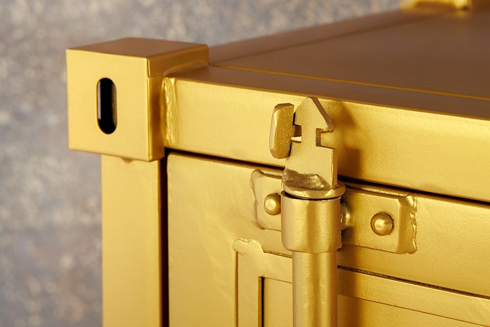 Design Aktenschrank GLOBETROTTER 180cm gold Eisen Container Upcycling Highboard