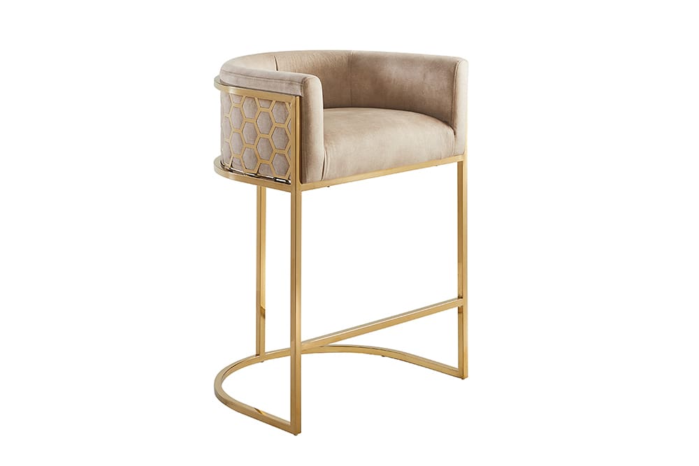Stilvoller Barhocker ELEGANCE cappuccino Samt gold Edelstahl mit Armlehne und Fußablage