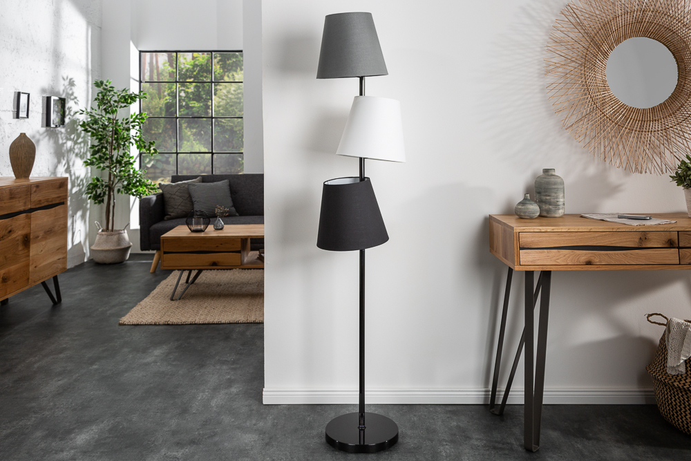 Design Stehlampe LEVELS 163cm schwarz grau mit 3 Leinenschirmen