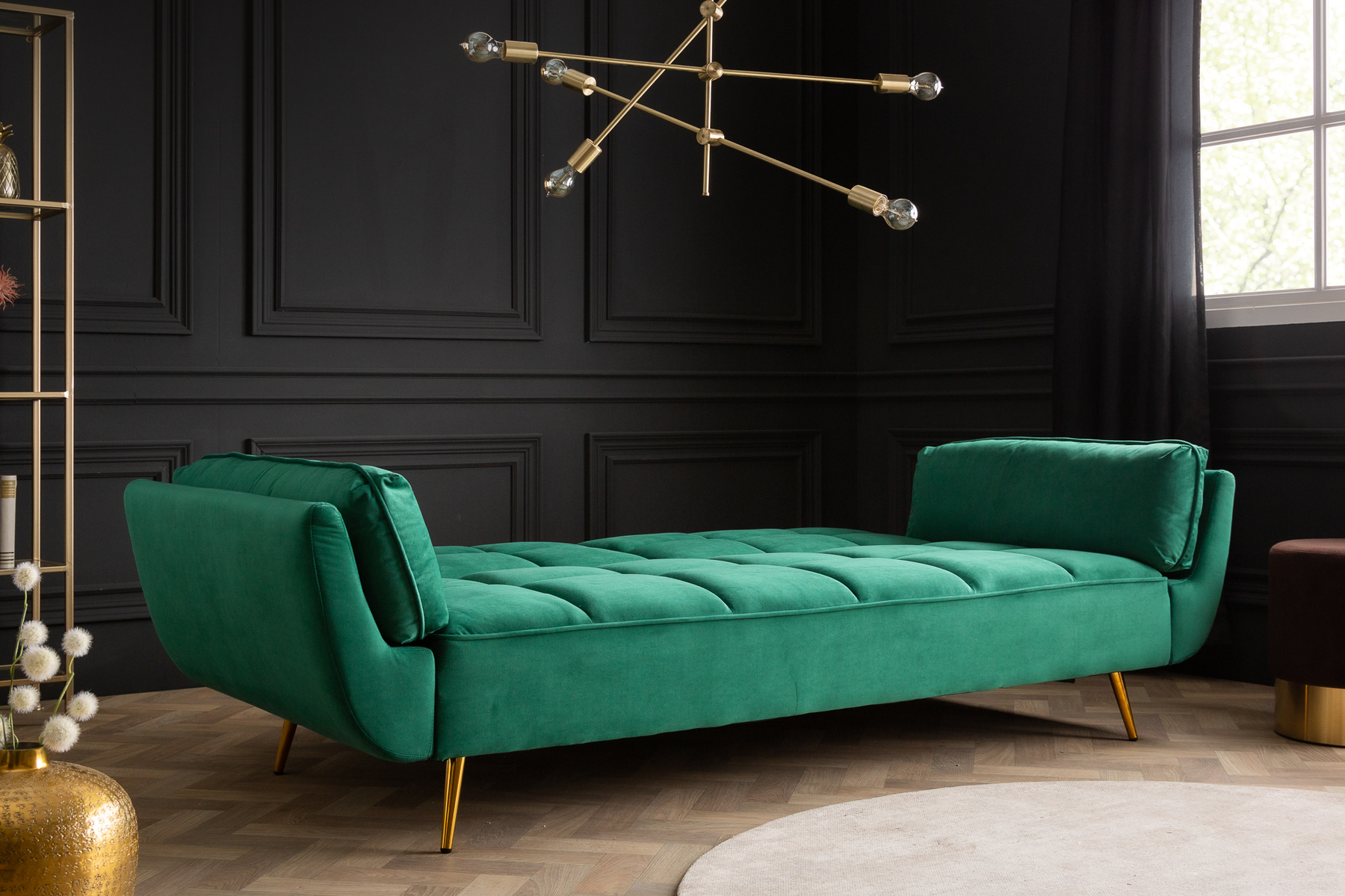 Retro Schlafsofa BOUTIQUE 215cm smaragdgrün Samt 3-Sitzer mit goldenen Füßen