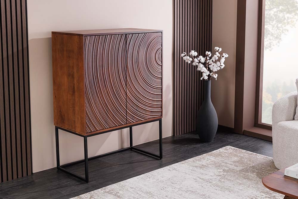 Design Highboard ORBIT 120cm braun Mangoholz mit 3D-Front schwarz Metall Design Highboard ORBIT 120cm braun Mangoholz mit 3D-Front schwarz Metall